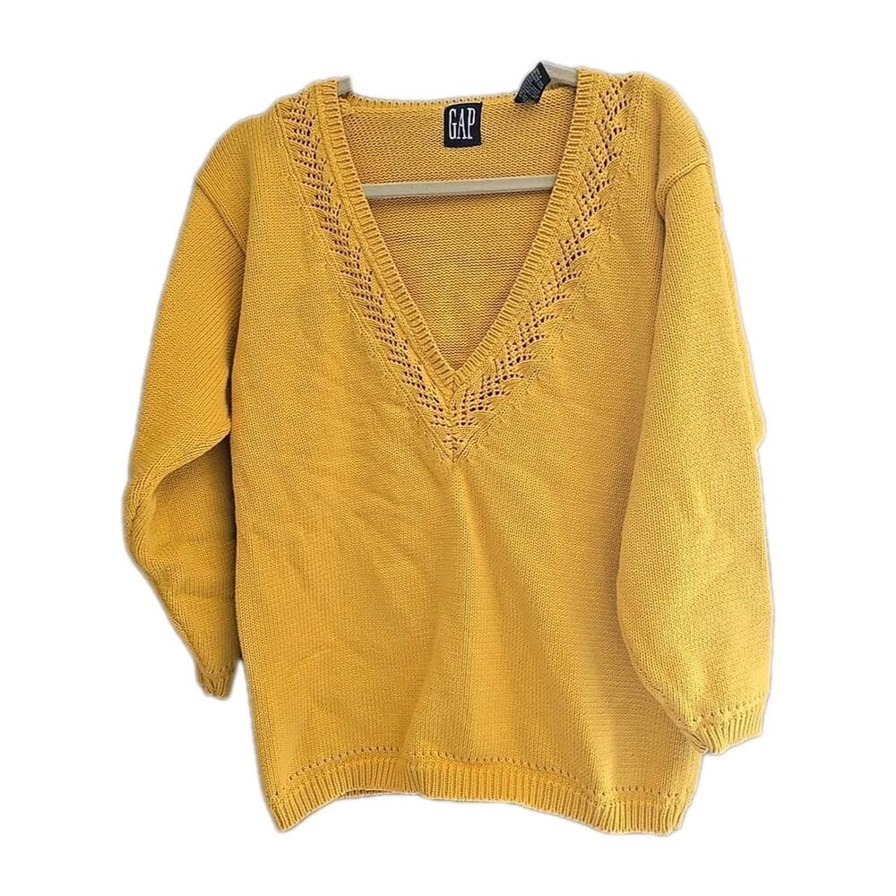 Vtg 90s Gap‎ Yellow V-Neck Knit Chunky Preppy Pullover Sweater Womans Size Small